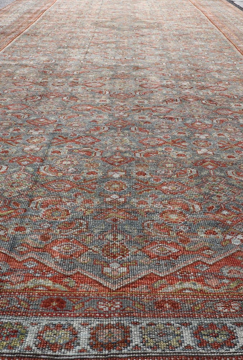 Malayer Large Kurdish Antique All Over Design Gallery Runner in Muted Tones Of Blue-Gray For Sale