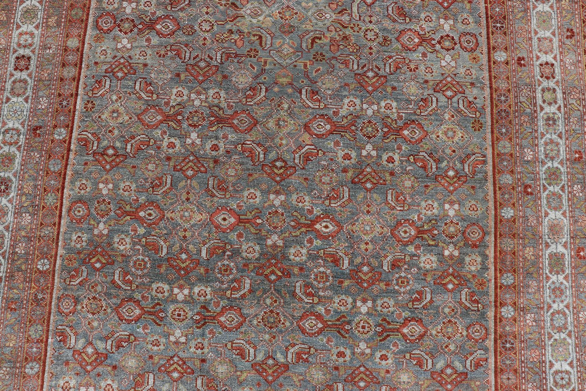Persian Large Kurdish Antique All Over Design Gallery Runner in Muted Tones Of Blue-Gray For Sale