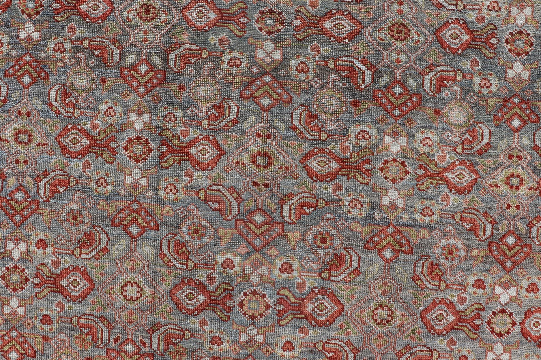 Hand-Knotted Large Kurdish Antique All Over Design Gallery Runner in Muted Tones Of Blue-Gray For Sale