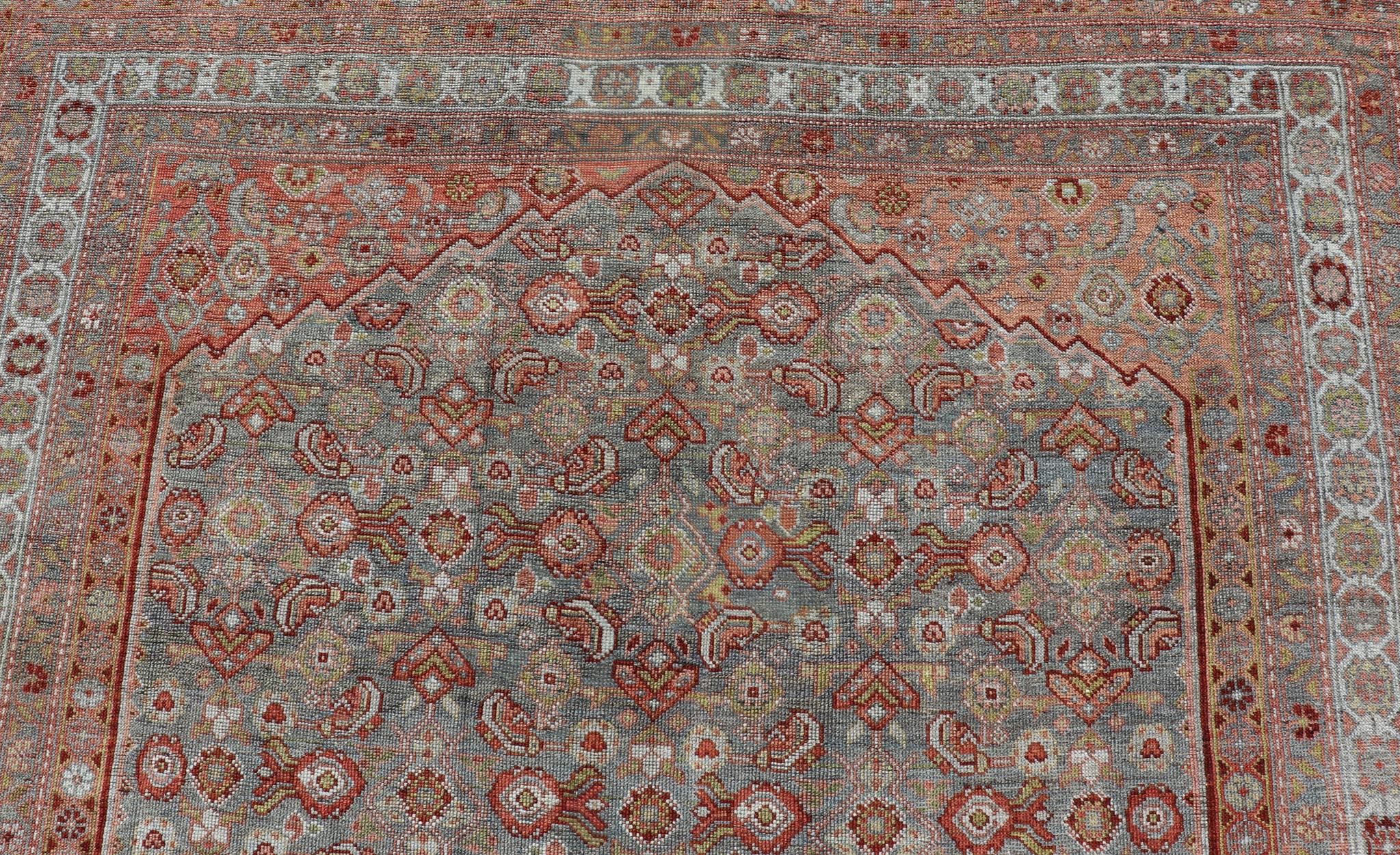 Large Kurdish Antique All Over Design Gallery Runner in Muted Tones Of Blue-Gray In Good Condition For Sale In Atlanta, GA