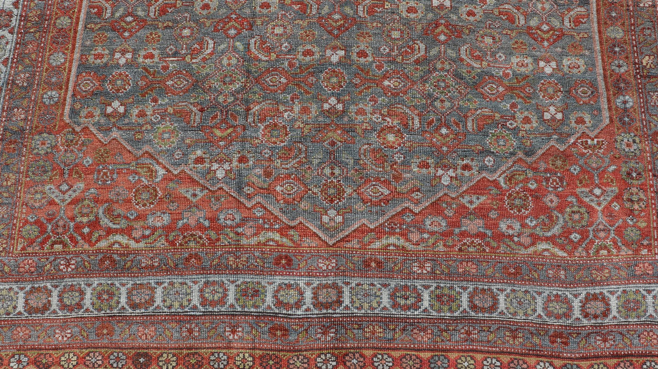 20th Century Large Kurdish Antique All Over Design Gallery Runner in Muted Tones Of Blue-Gray For Sale