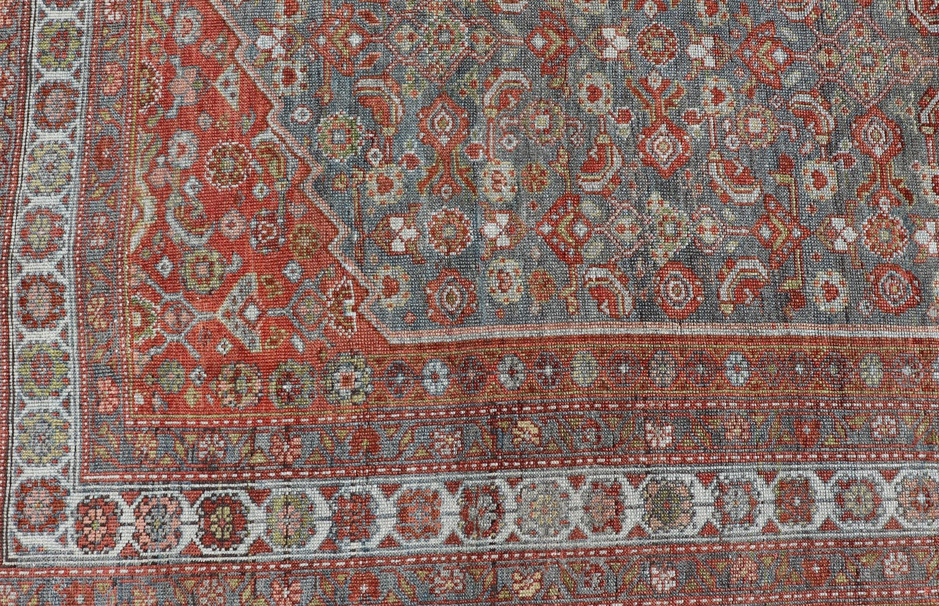 Wool Large Kurdish Antique All Over Design Gallery Runner in Muted Tones Of Blue-Gray For Sale