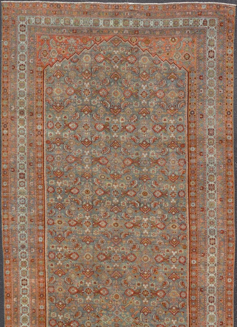Large Kurdish Antique All Over Design Gallery Runner in Muted Tones Of Blue-Gray For Sale 1
