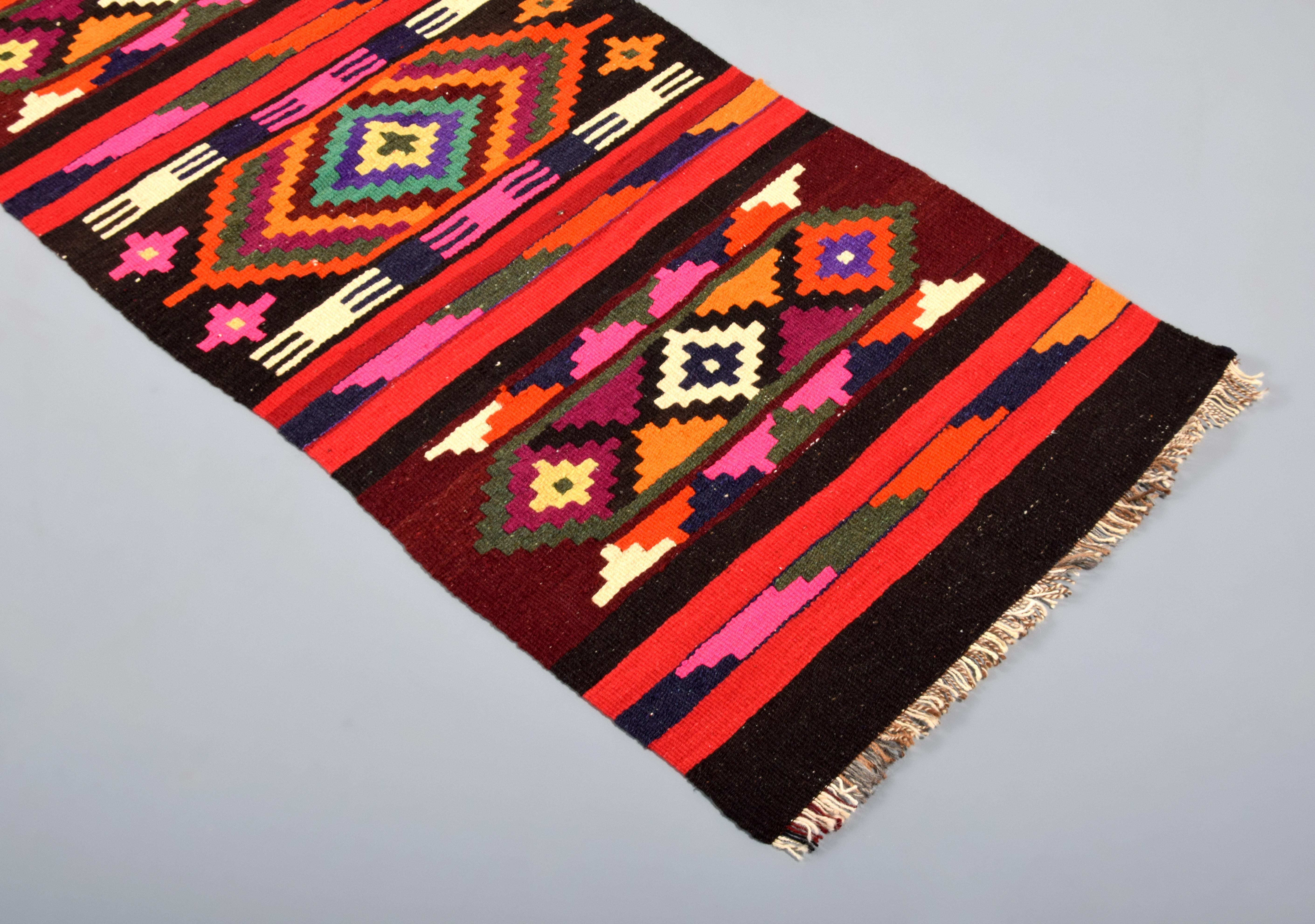 Wool Large Kurdish Kilim Runner Rug, 157