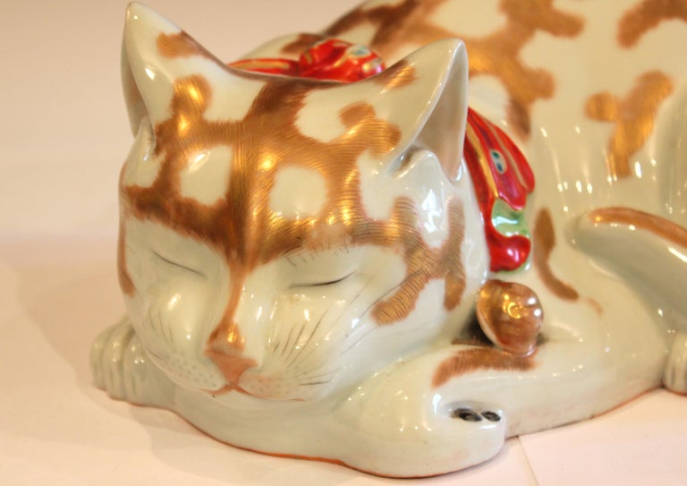 Large Kutani Porcelain Sleeping Cat Figure Vintage Japanese at 1stDibs