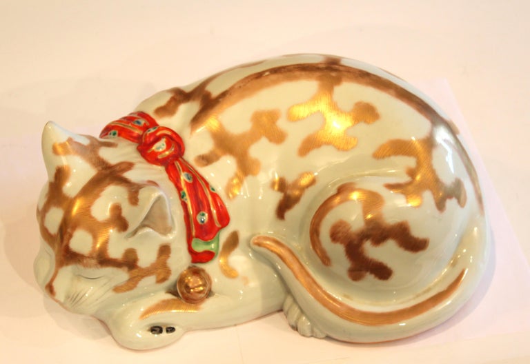 Large Kutani Porcelain Sleeping Cat Figure Vintage Japanese at 1stDibs