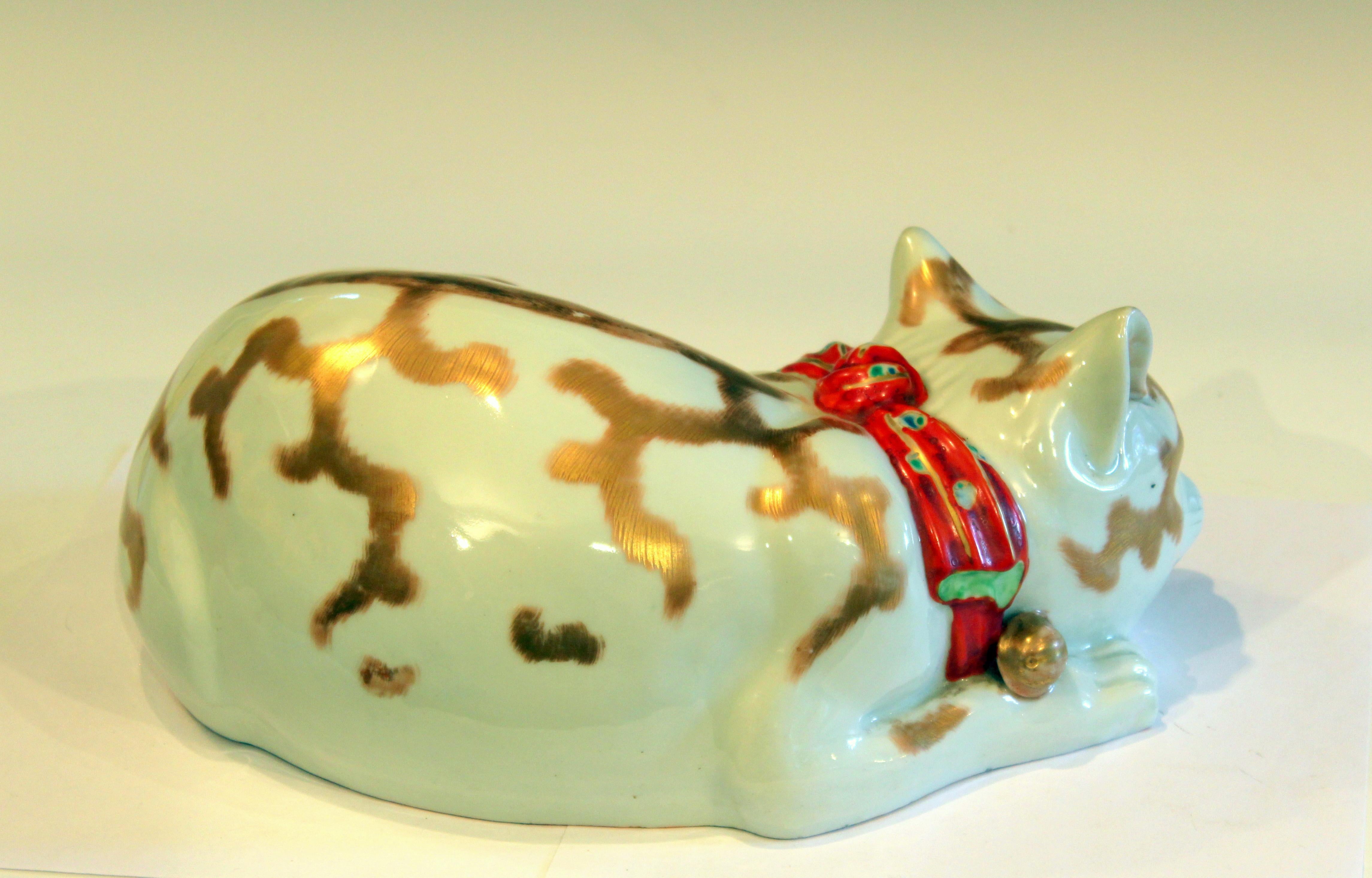 Taisho Large Kutani Porcelain Sleeping Cat Figure Vintage Japanese