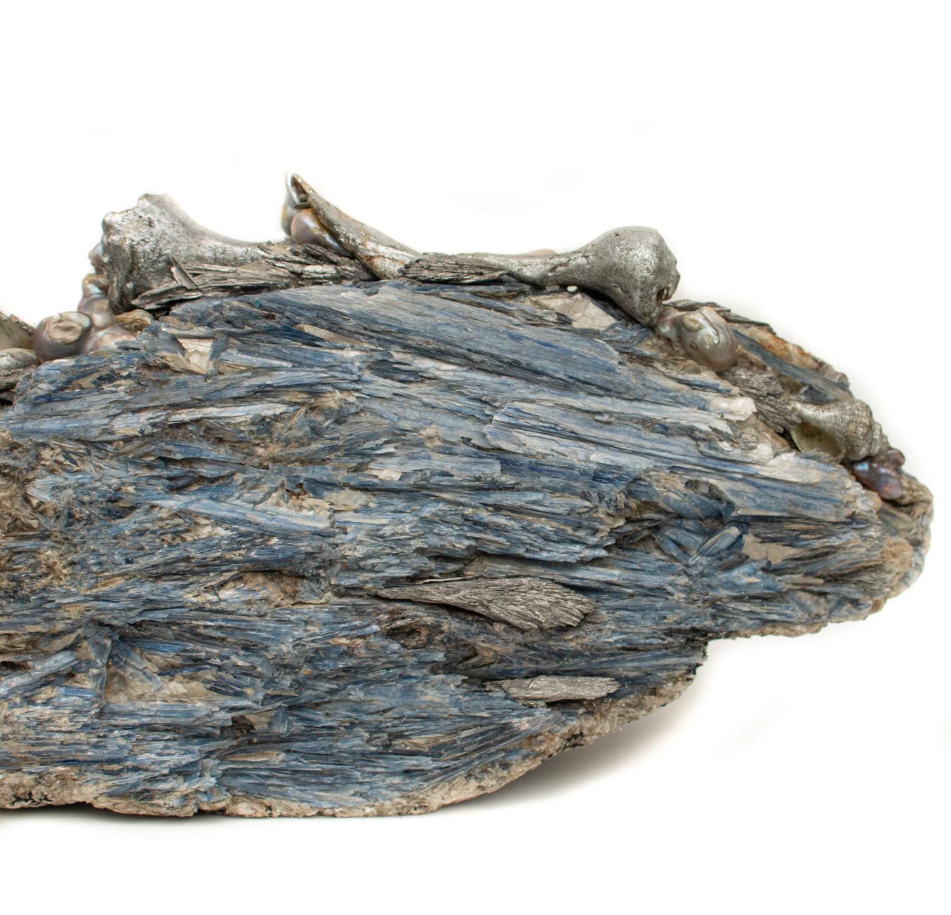 Brazilian Large Kyanite Mineral Adorned with Silver Leaf Shells, Kyanite & Baroque Pearls For Sale