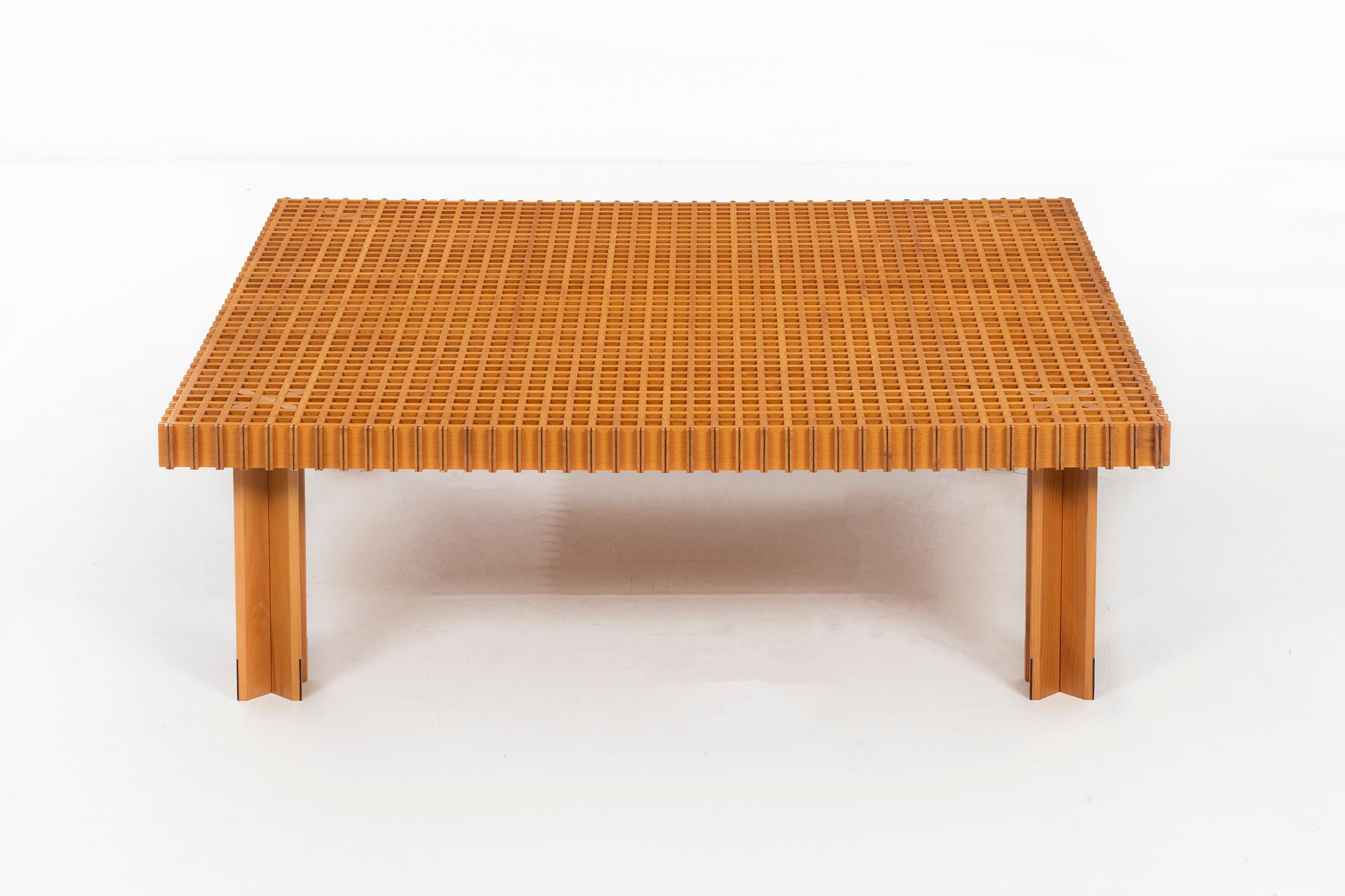 Frattini for Ghianda of Italy distributed by Knoll, Kyoto coffee table, made of beech and ebony woods, comprised of 1,705 joints and 1,600 holes, the table is made from slats of wood joined at 45-degree angles. Coined 