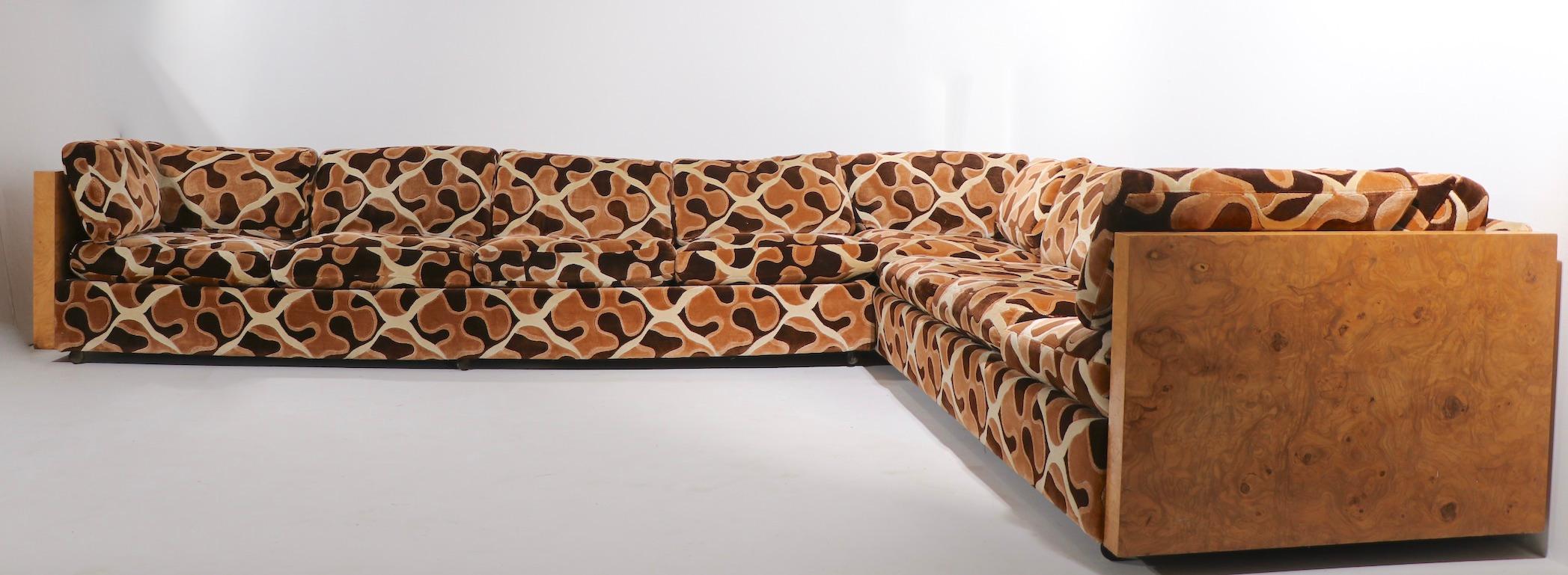 Large L Shaped Burl and Velvet Sectional Sofa att to Milo Baughman 2