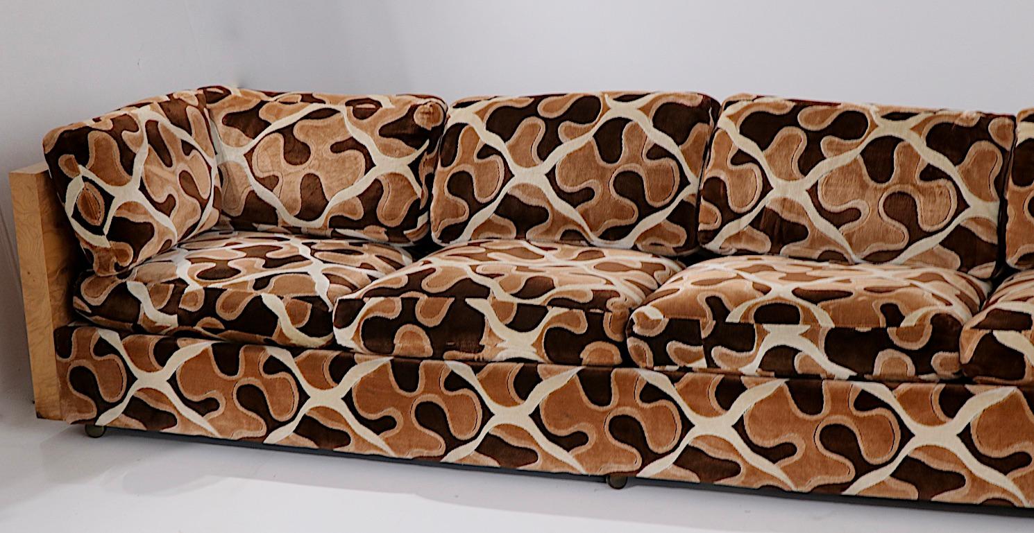 Mid-Century Modern Large L Shaped Burl and Velvet Sectional Sofa att to Milo Baughman
