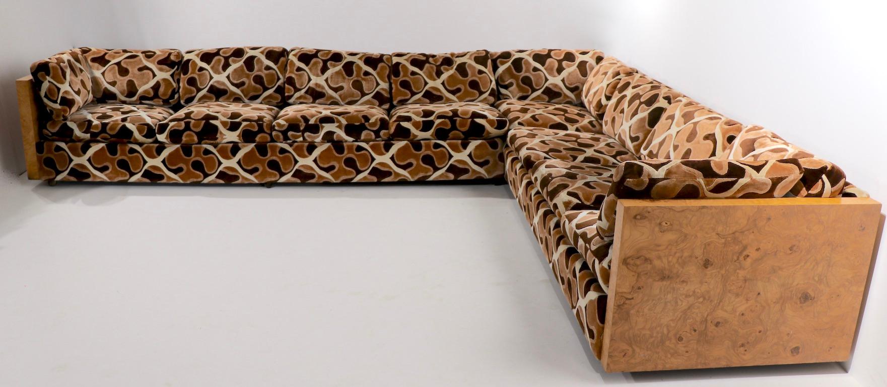 Upholstery Large L Shaped Burl and Velvet Sectional Sofa att to Milo Baughman