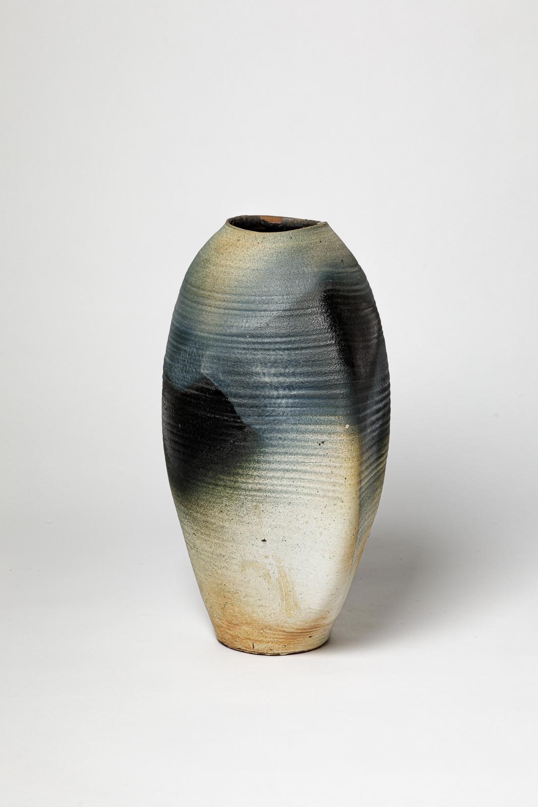 Mid-Century Modern Grand vase La Borne en céramique bleu blanc design du 20ème siècle par Bruno Hrdy 1970 en vente