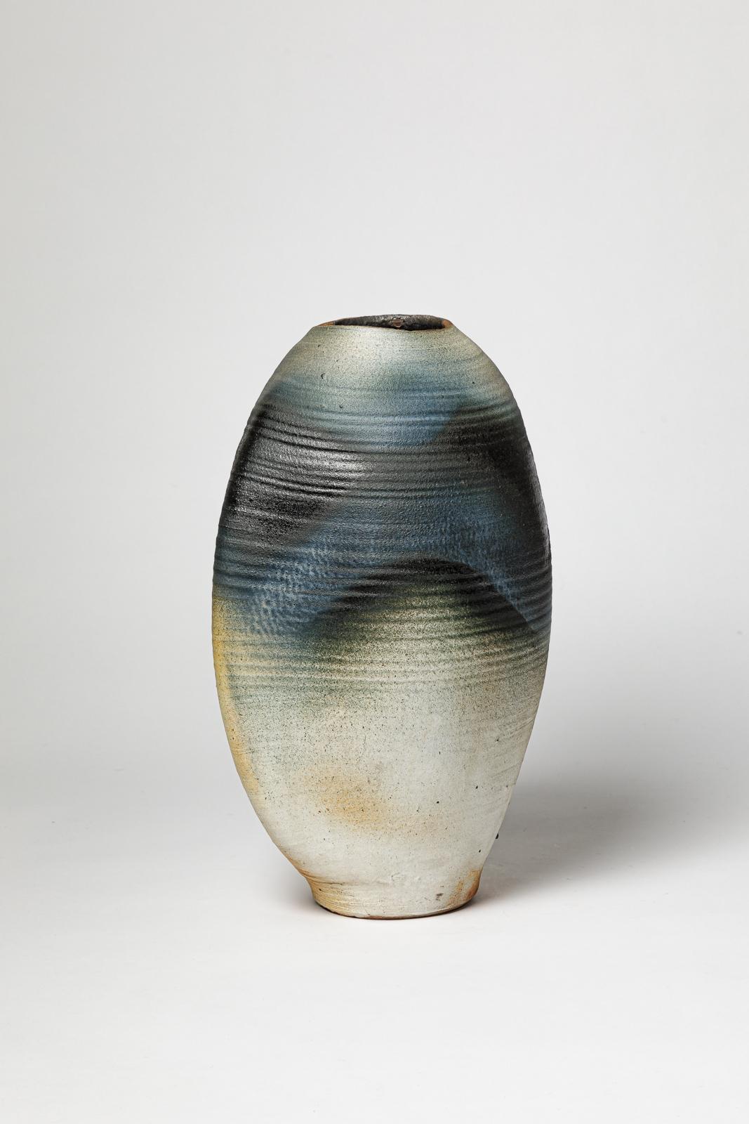 Grand vase La Borne en céramique bleu blanc design du 20ème siècle par Bruno Hrdy 1970 Excellent état - En vente à Neuilly-en- sancerre, FR