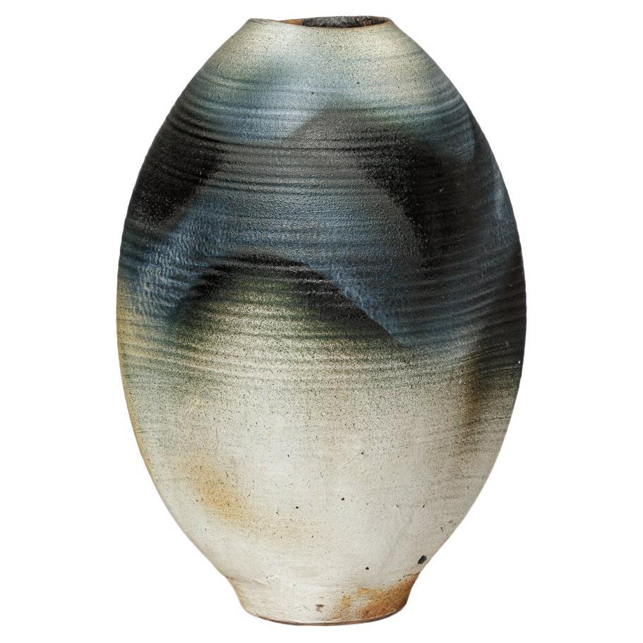 Grande vaso in ceramica bianca e blu La Borne del XX secolo di Bruno Hrdy 1970