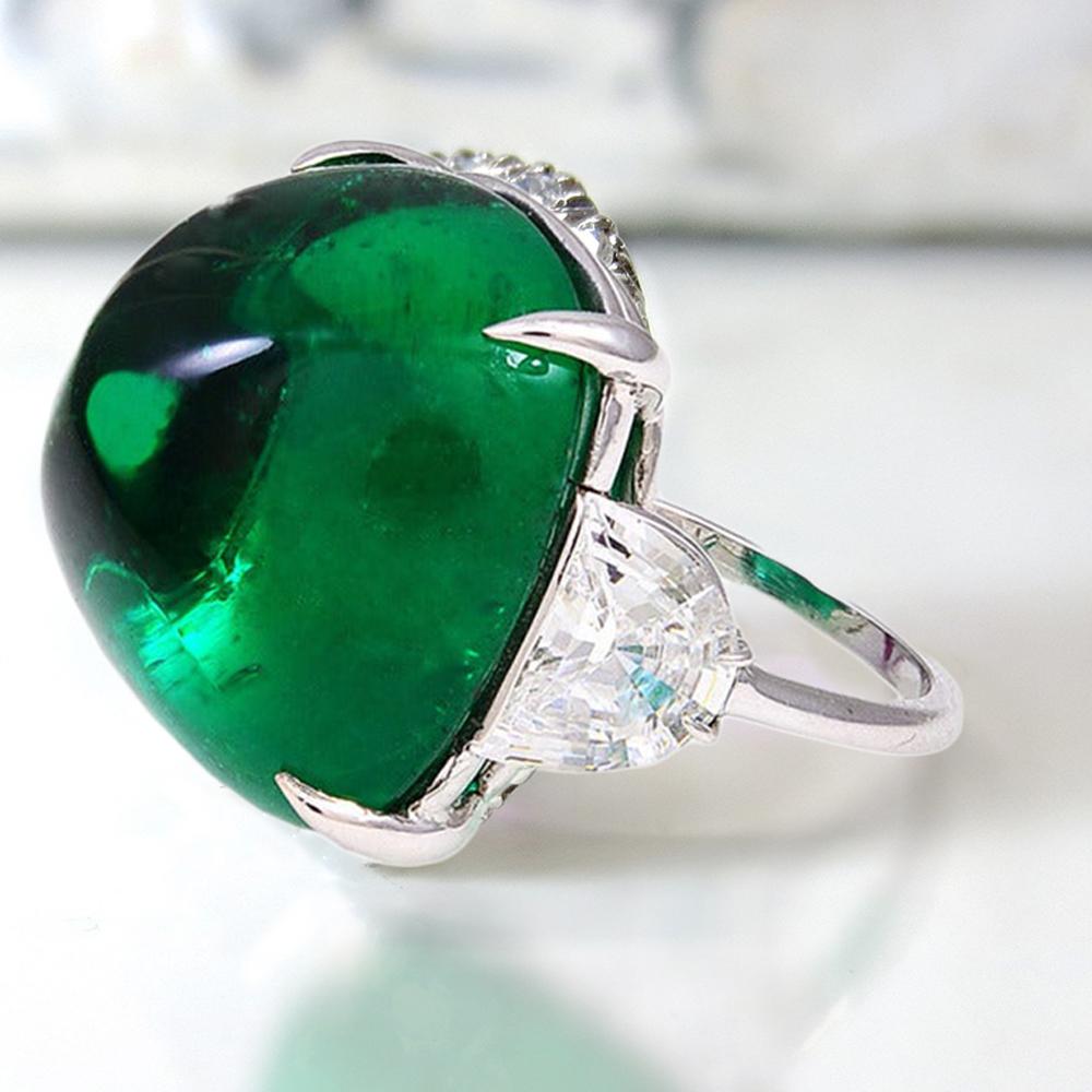 Modern Large Lab Created Cabochon Emerald Diamond Cubic Zirconia Ring by Clive Kandel
