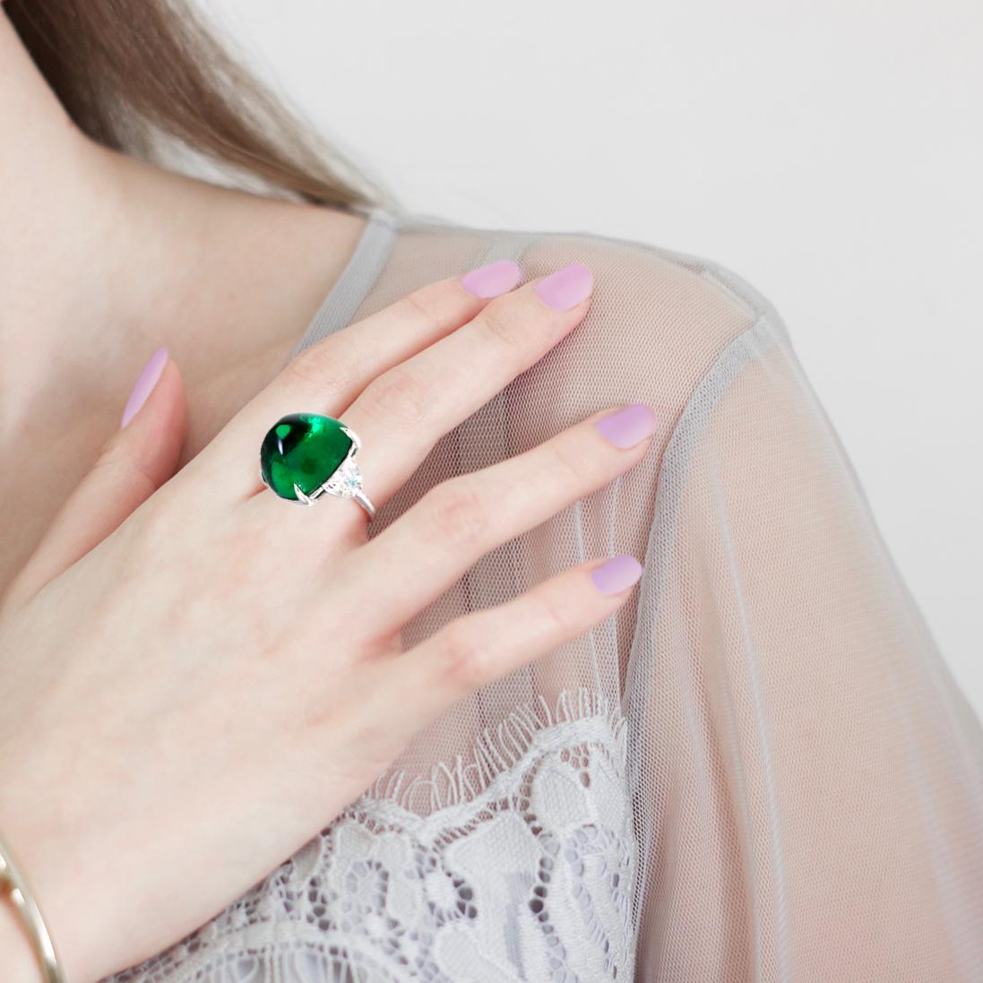 Modern Large Lab Created Cabochon Emerald Diamond Cubic Zirconia Ring by Clive Kandel