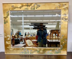 Large LaBarge Chinoiserie Signed Hand Painted Eglomise Gold Mirror