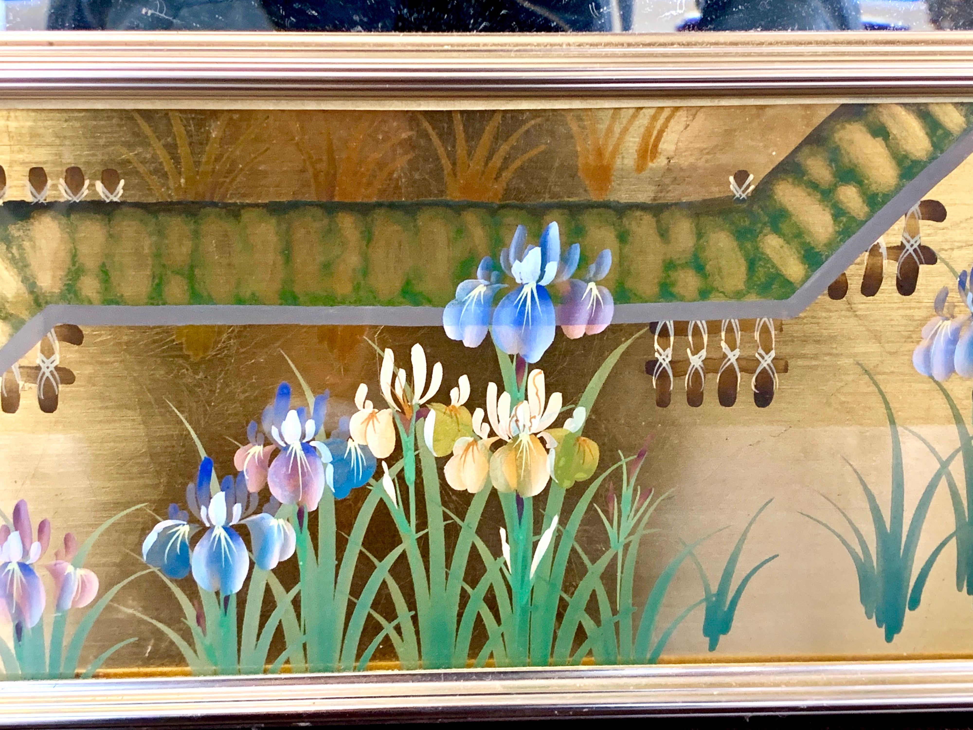 Large LaBarge Chinoiserie Signed Hand Painted Eglomise Gold Mirror In Good Condition In West Hartford, CT