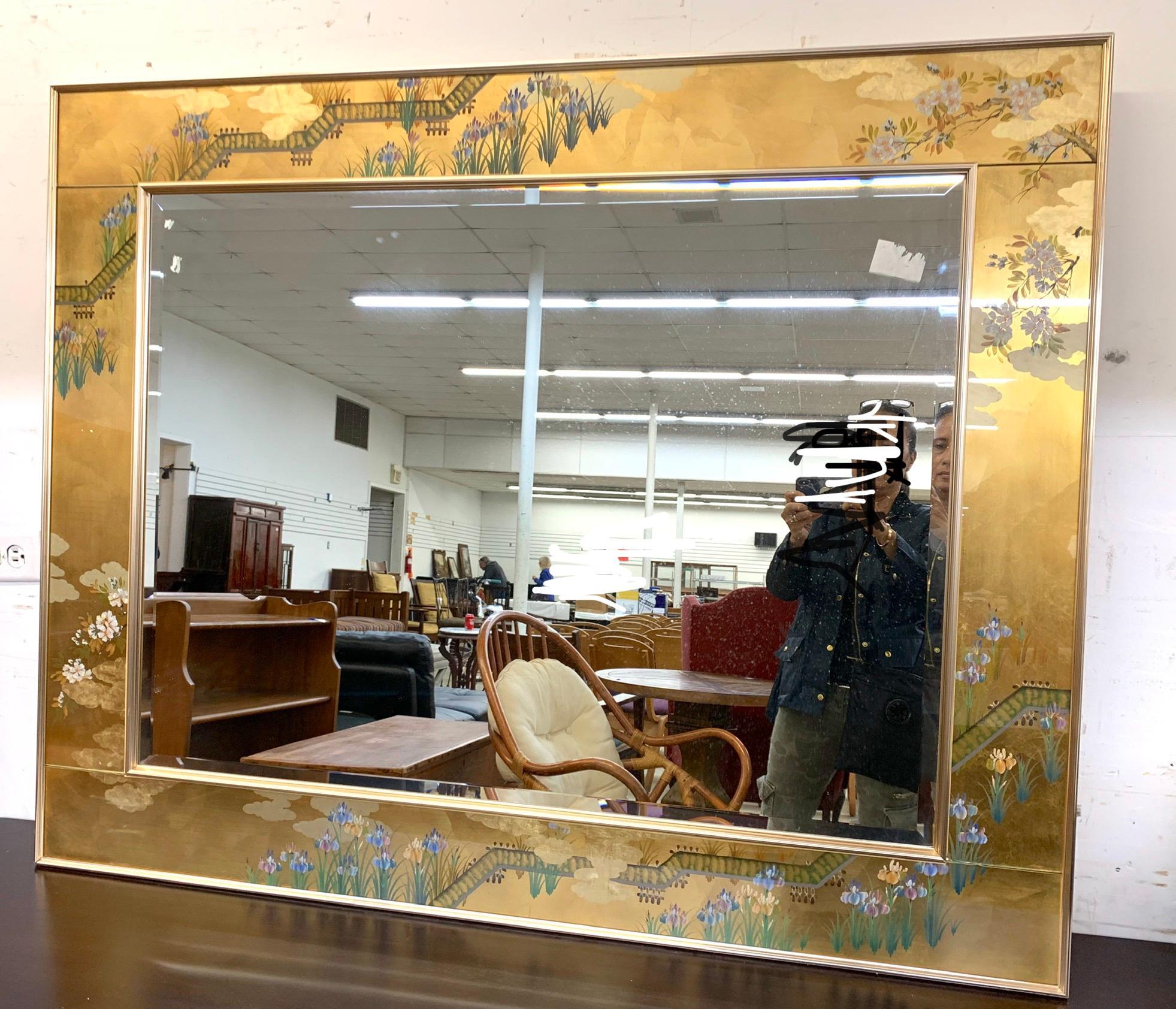 Large LaBarge Chinoiserie Signed Hand Painted Eglomise Gold Mirror 1