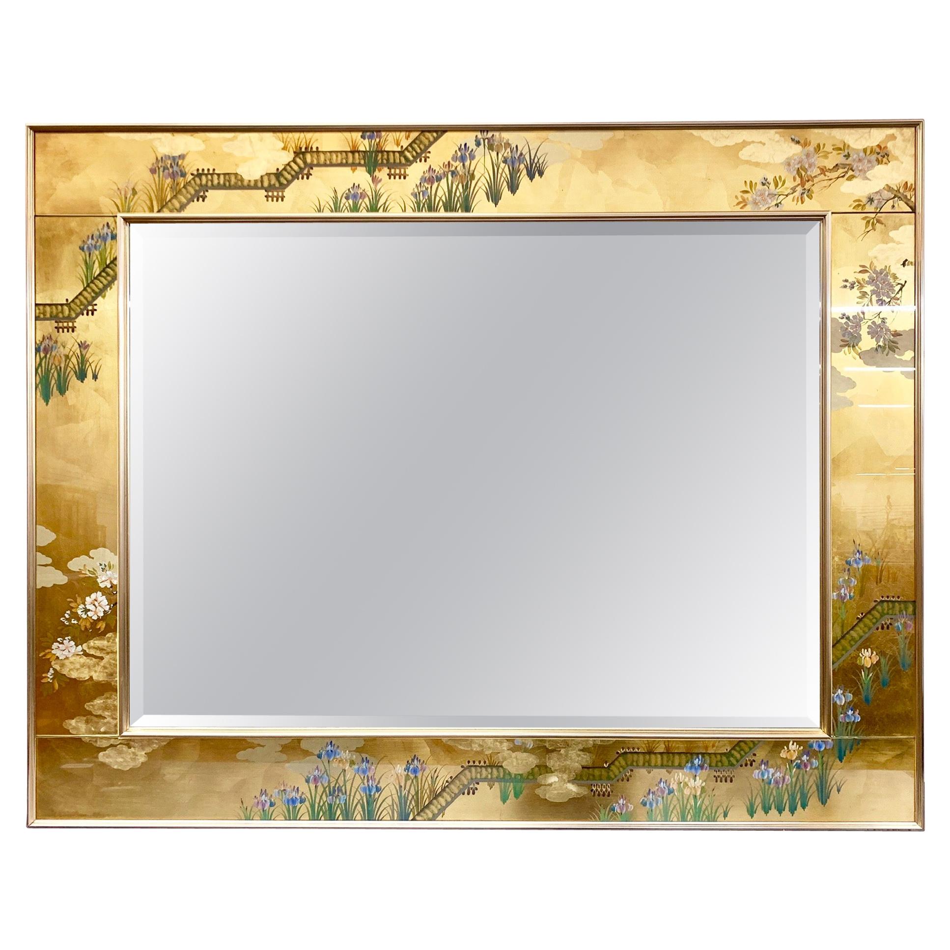 Large LaBarge Chinoiserie Signed Hand Painted Eglomise Gold Mirror