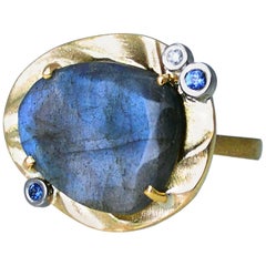 Large Labradorite 14 Karat Yellow Gold Cocktail Ring with Blue Sapphire, Diamond
