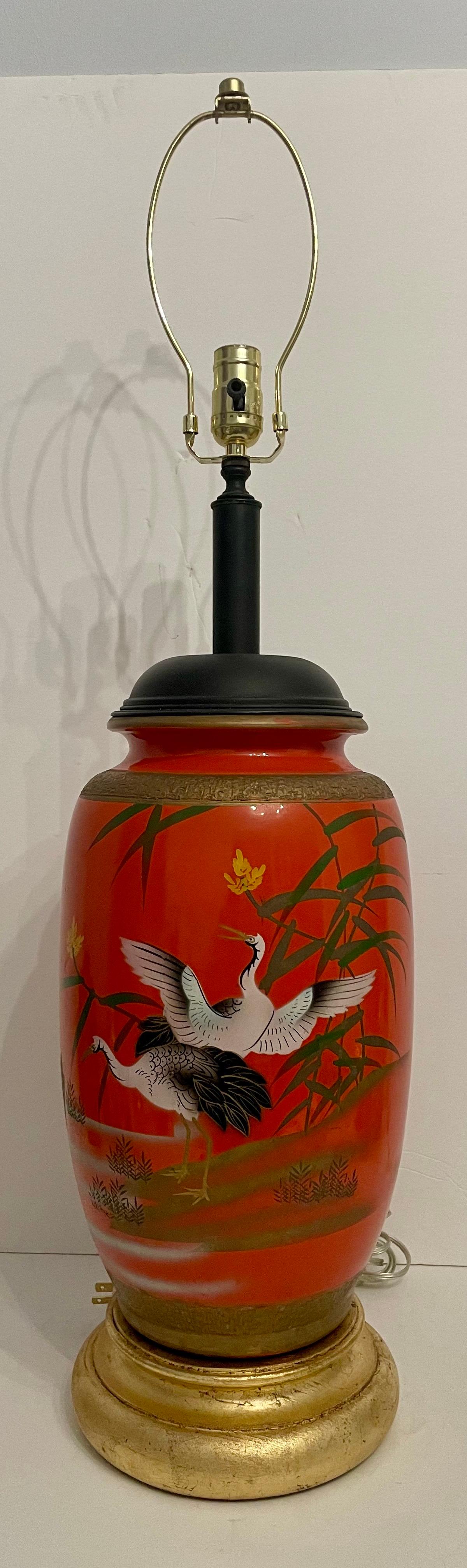 Large Scale Red Lacquered Porcelain Japanese Lamp on giltwood base.  Rewired with new 3 way socket, clear wire and plug. 28