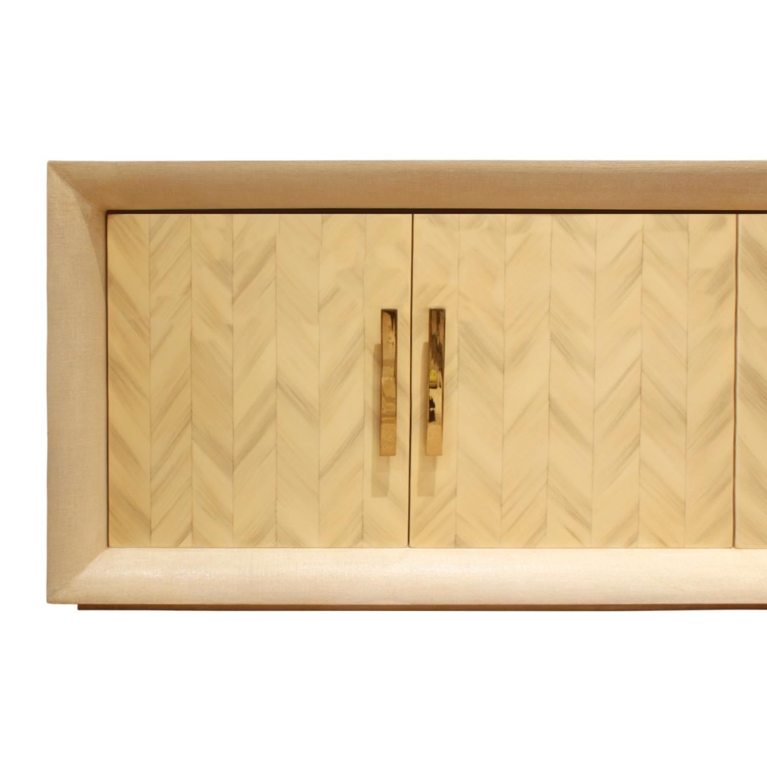 Mid-Century Modern Large Lacquered Linen Credenza with Herringbone Lacquer Doors, 1970s