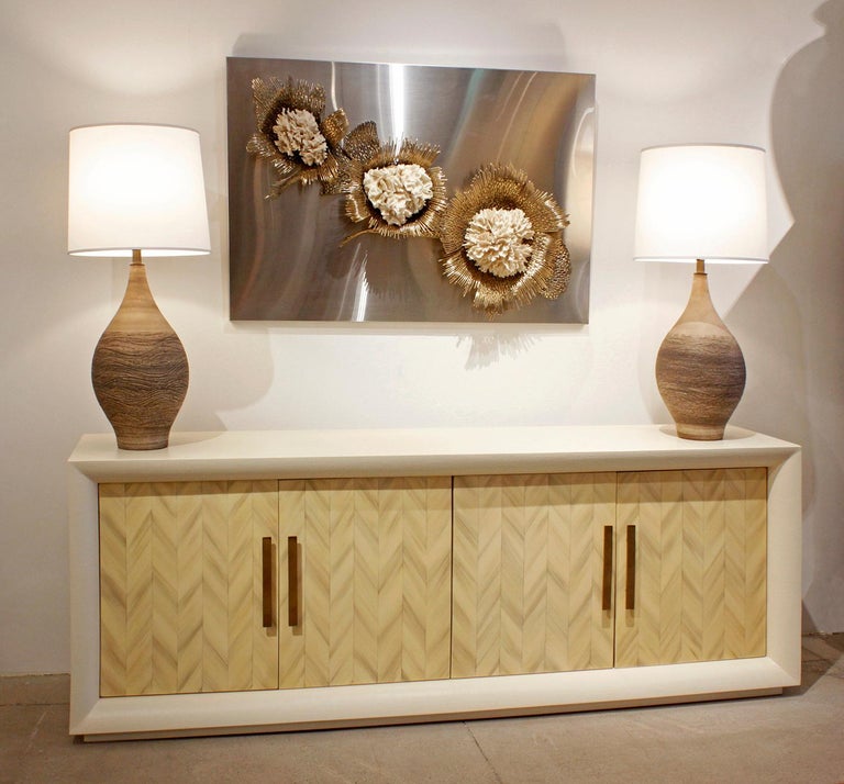 Large Lacquered Linen Credenza with Herringbone Lacquer Doors, 1970s at