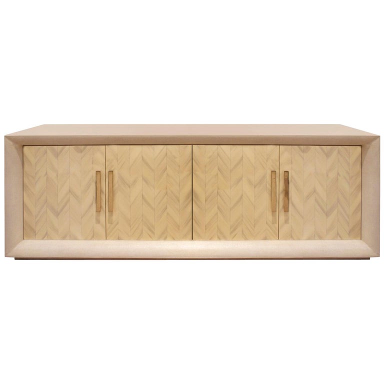 Large Lacquered Linen Credenza with Herringbone Lacquer Doors, 1970s at