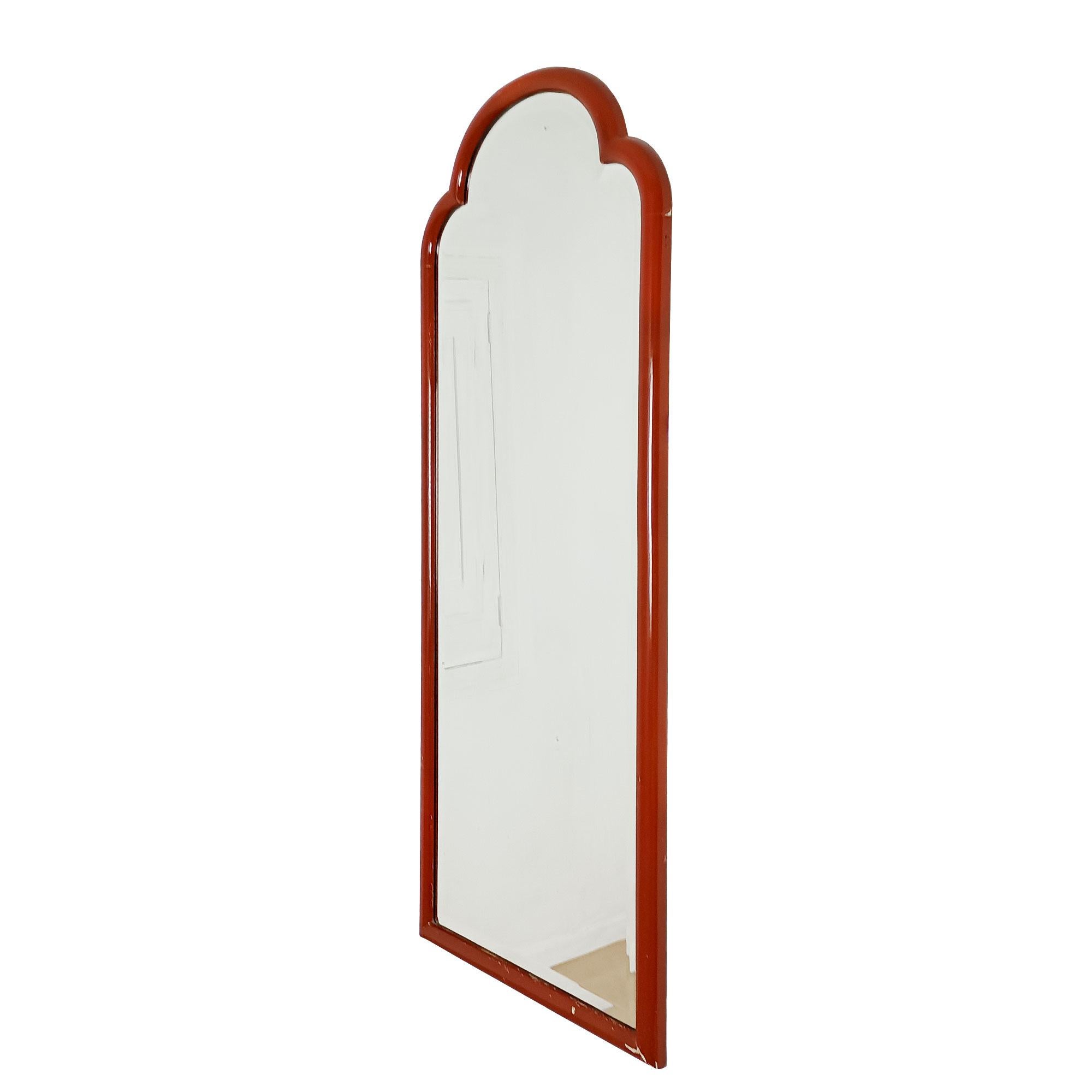 Large mirror with coral lacquered solid wood frame (original lacquer), thick mirror with wide bevel.

Supposedly made in French Indochina around 1925.