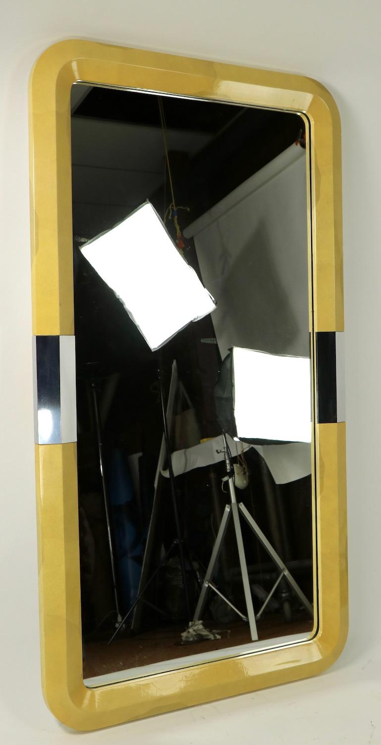 American Large Lacquered Parchment and Chrome Framed Mirror after Karl Springer For Sale