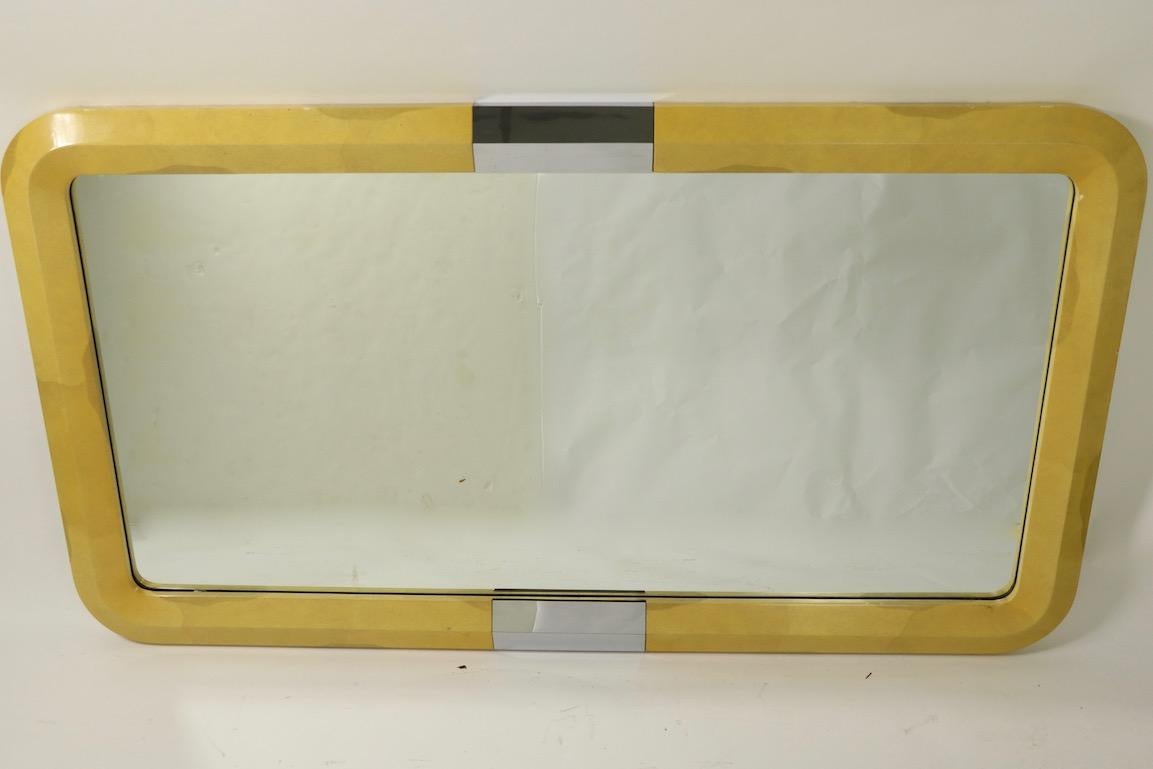 Large Lacquered Parchment and Chrome Framed Mirror after Karl Springer In Good Condition For Sale In New York, NY