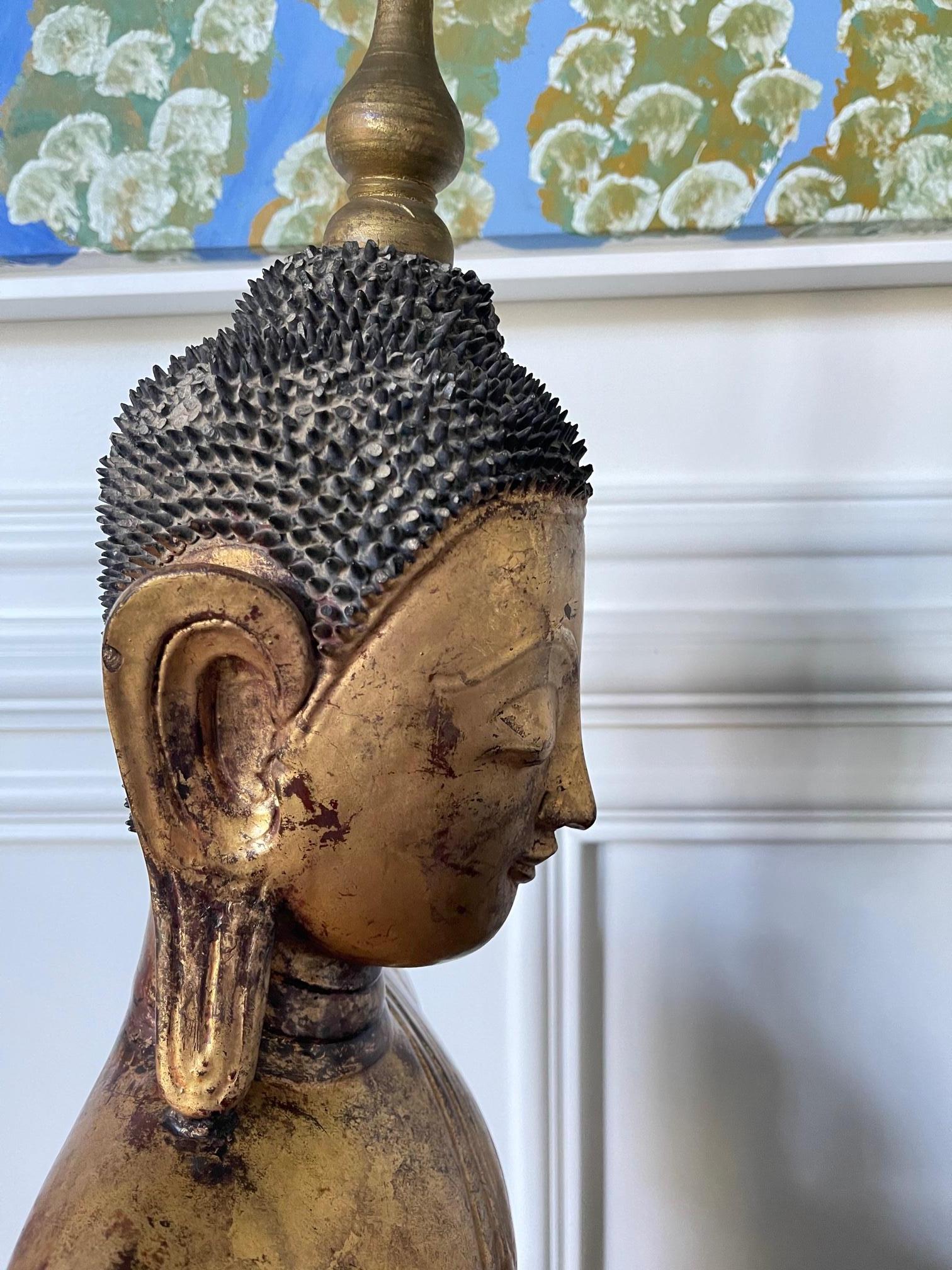 Large Lacquered Wood Antique Burmese Buddha Statue For Sale 2