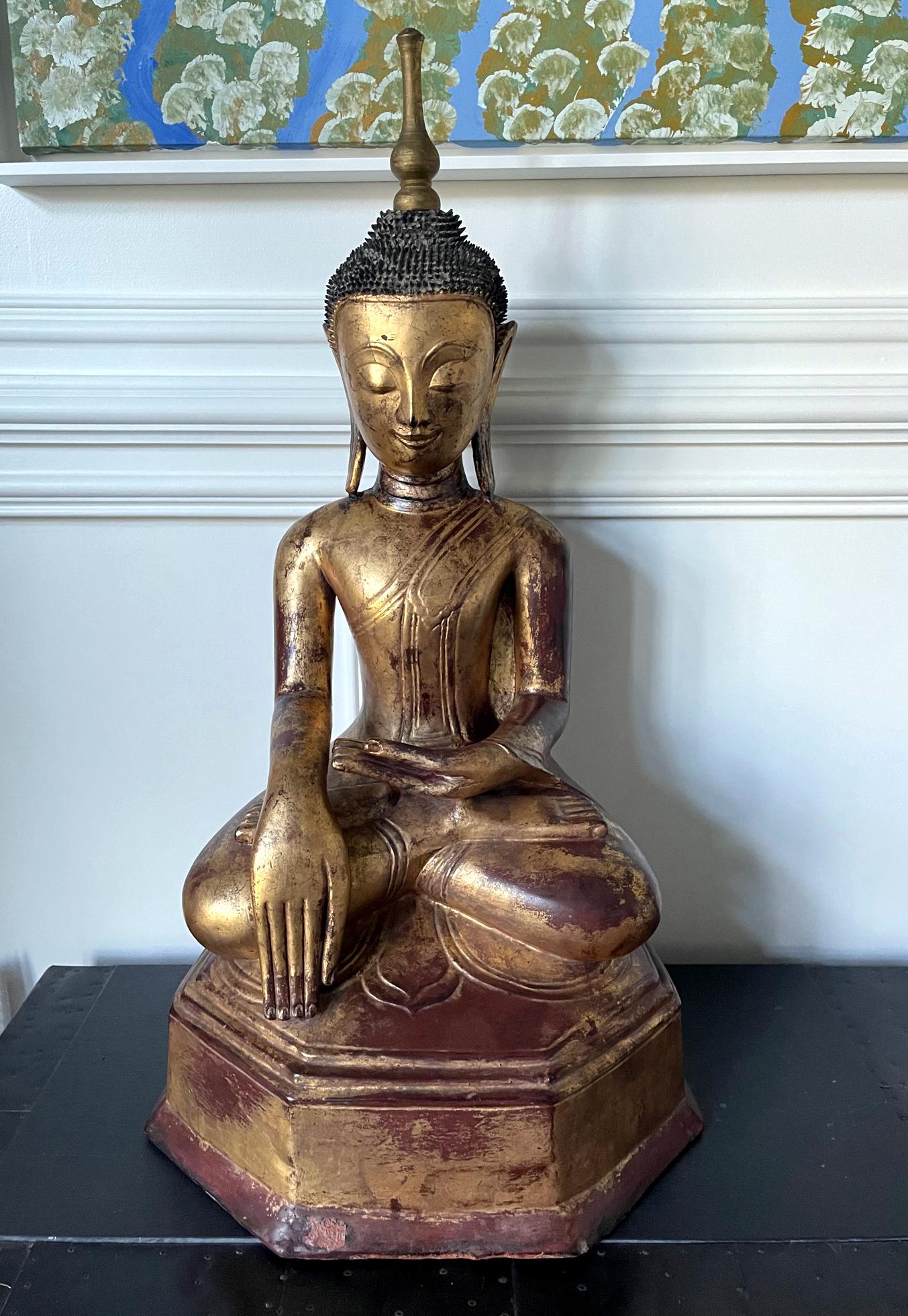Large Lacquered Wood Antique Burmese Buddha Statue For Sale 12