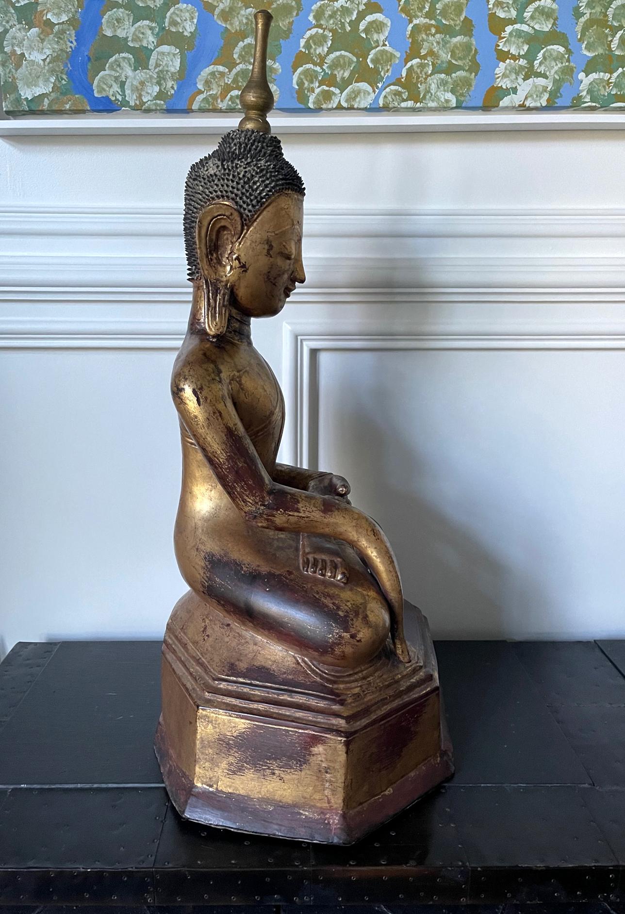 Other Large Lacquered Wood Antique Burmese Buddha Statue For Sale