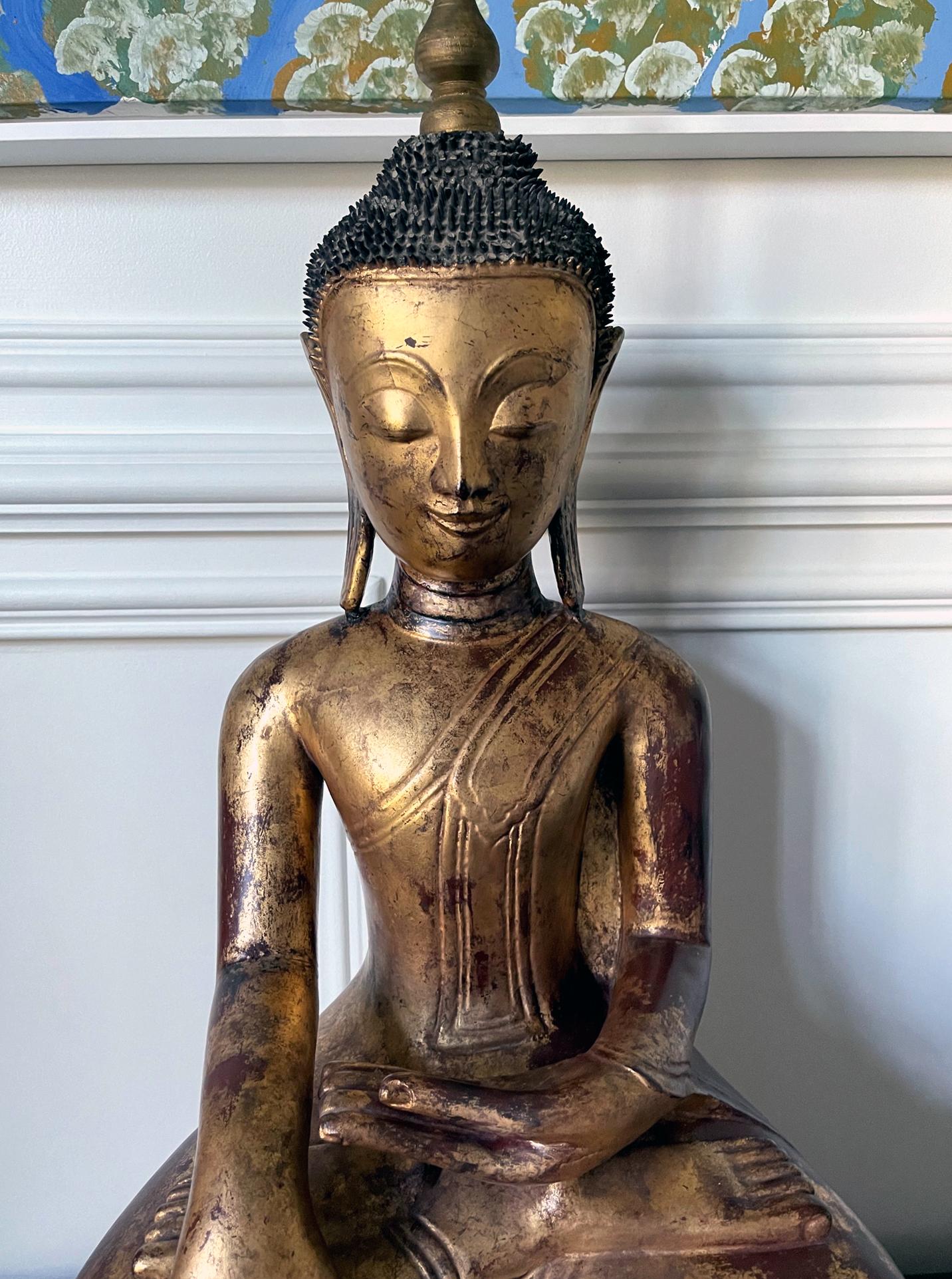 Large Lacquered Wood Antique Burmese Buddha Statue In Good Condition For Sale In Atlanta, GA