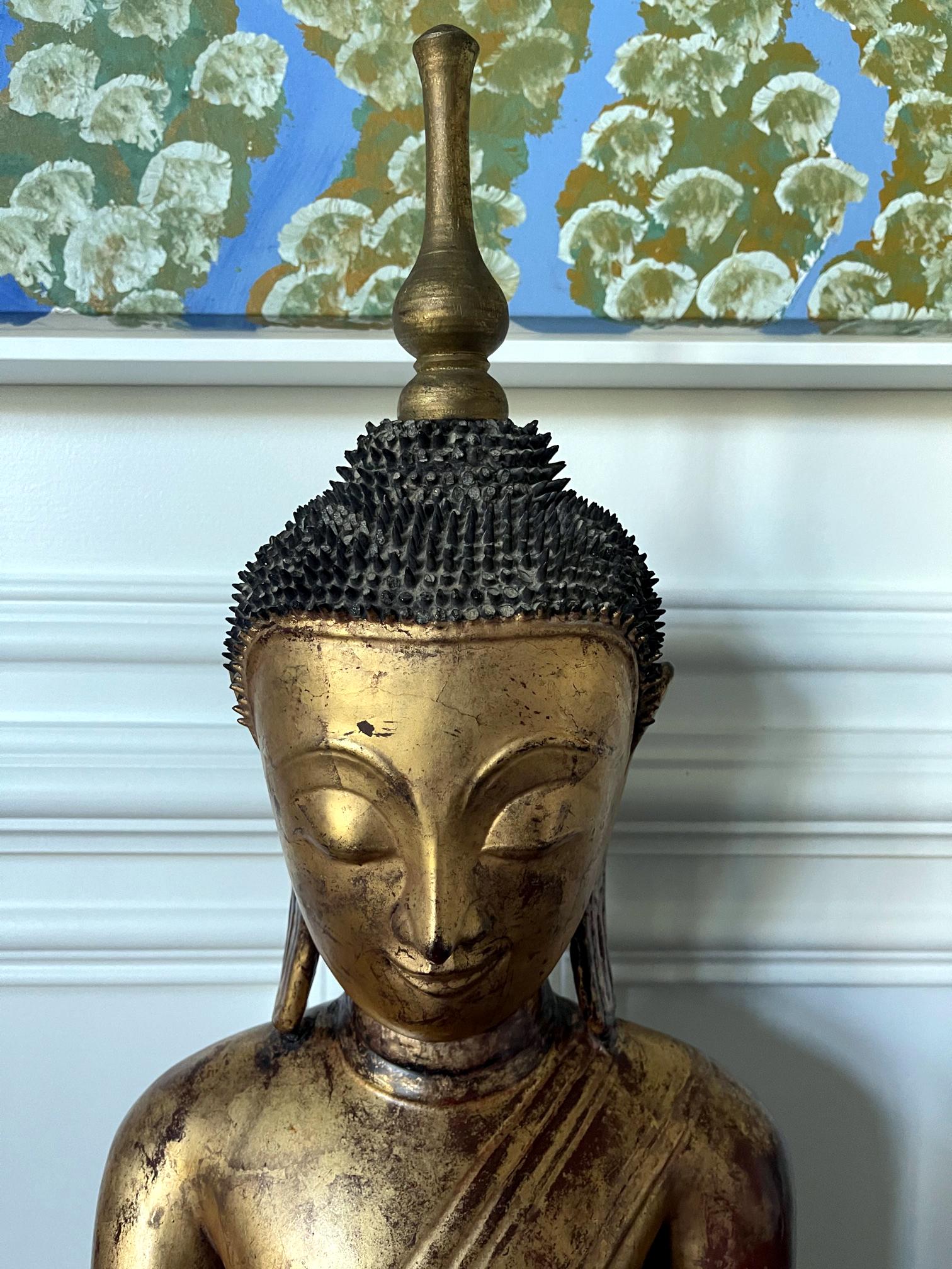 19th Century Large Lacquered Wood Antique Burmese Buddha Statue For Sale