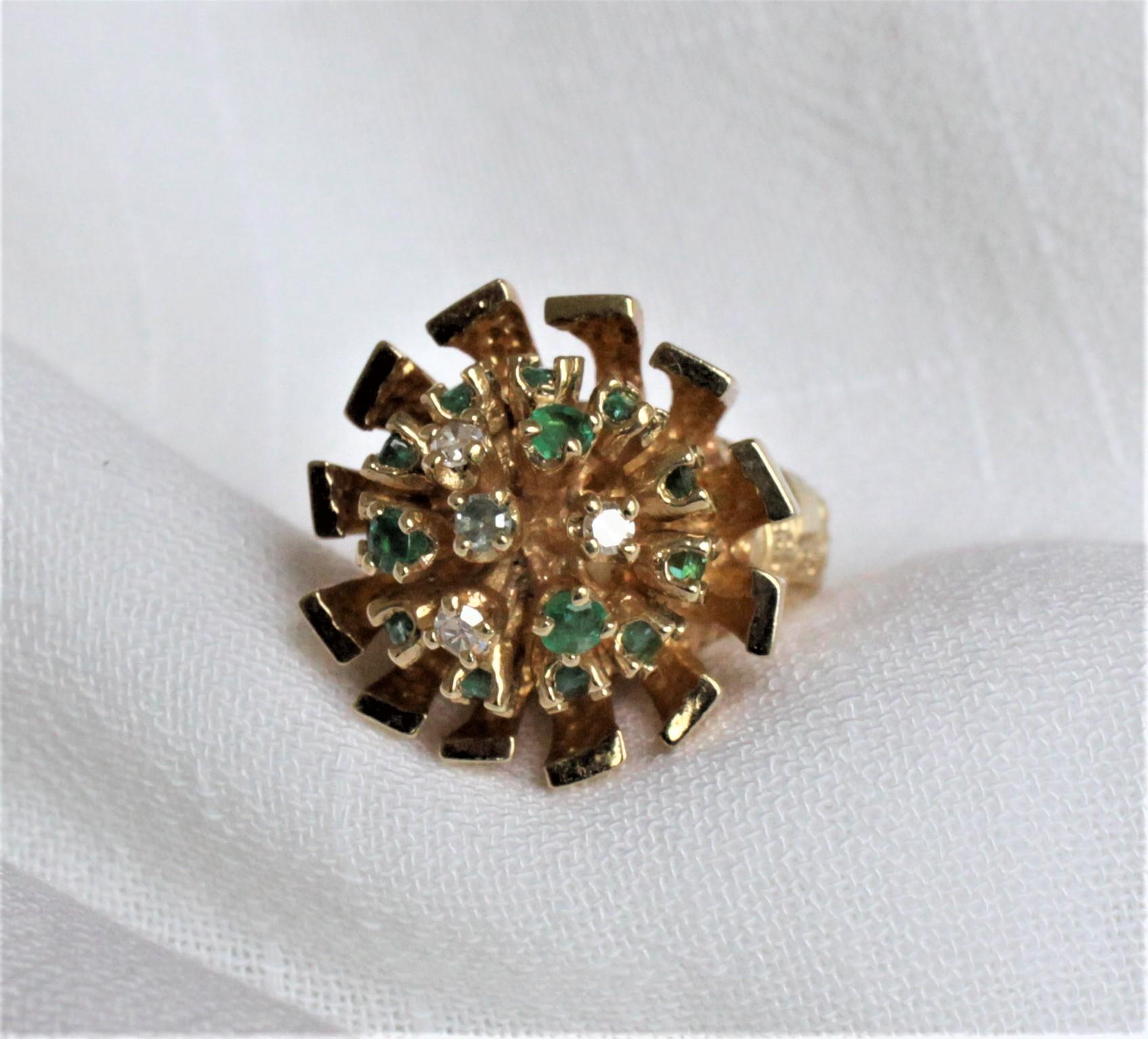 Hand-Crafted Large Ladies 14-Karat Yellow Gold Cocktail Ring with Diamonds, Emeralds & Beryls