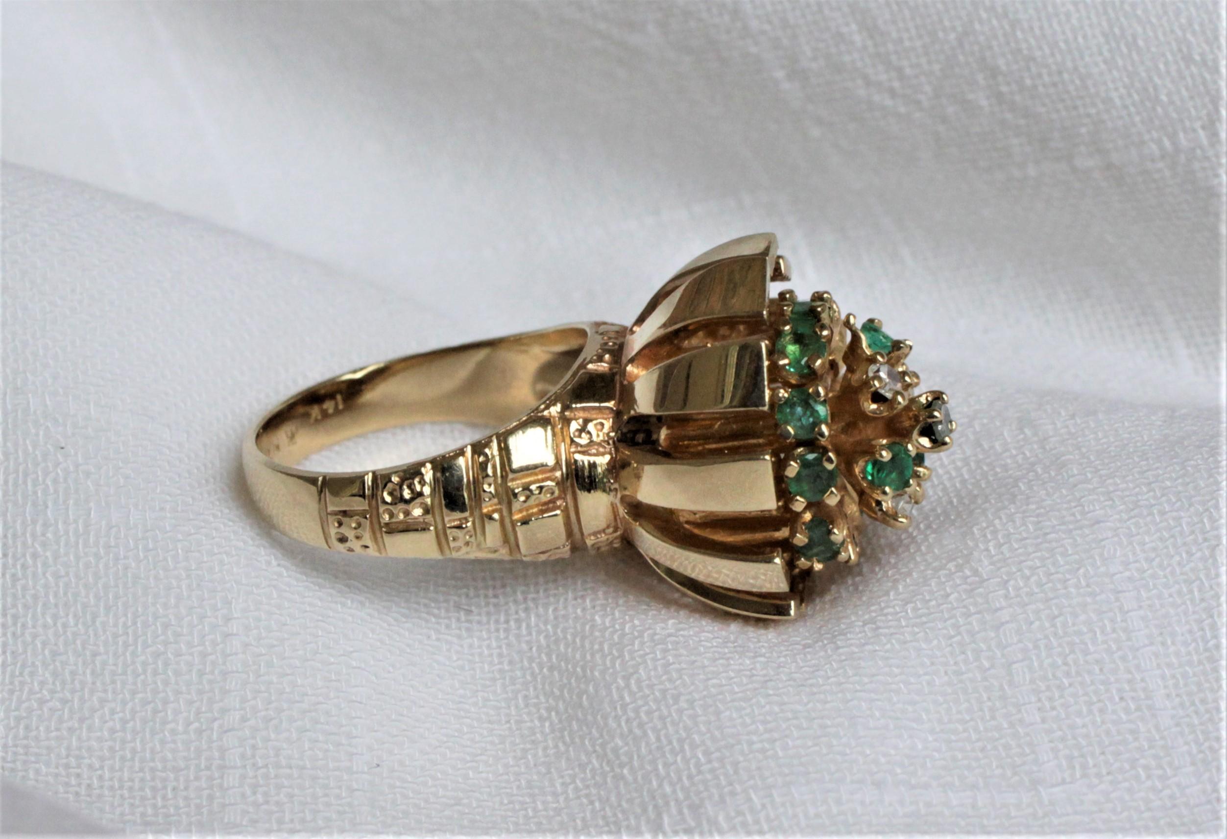 Large Ladies 14-Karat Yellow Gold Cocktail Ring with Diamonds, Emeralds & Beryls In Good Condition In Hamilton, Ontario