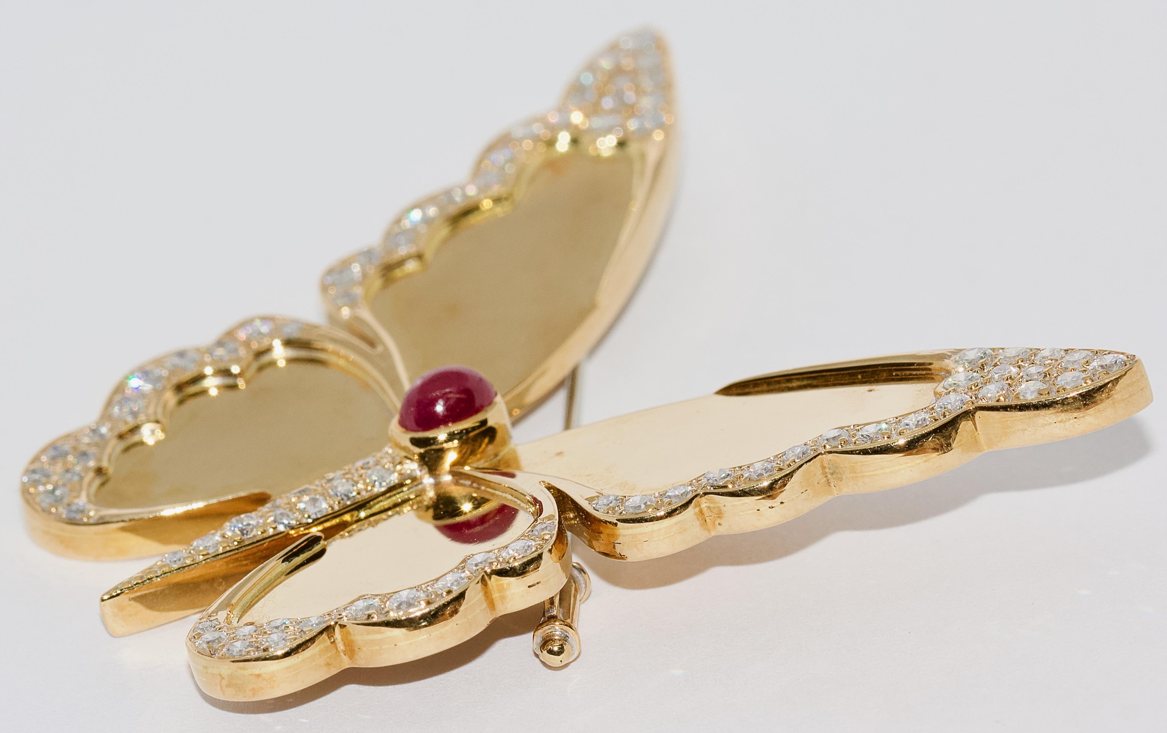 Große Schmetterlingsbrosche für Damen, 18 Karat Gold mit Diamanten und Rubinen (Rundschliff) im Angebot