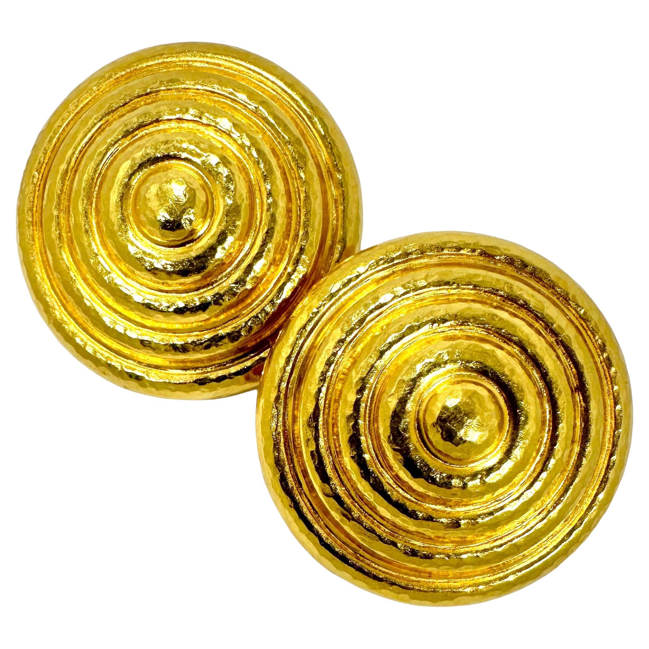 Large Lalaounis 18K Yellow Gold Concentric Circle Earrings 1.38 Inch Diameter 
