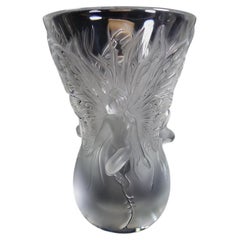 Vintage Large Lalique "Fairy" Three Winged Sprites Vase in Polished & Frosted Crystal