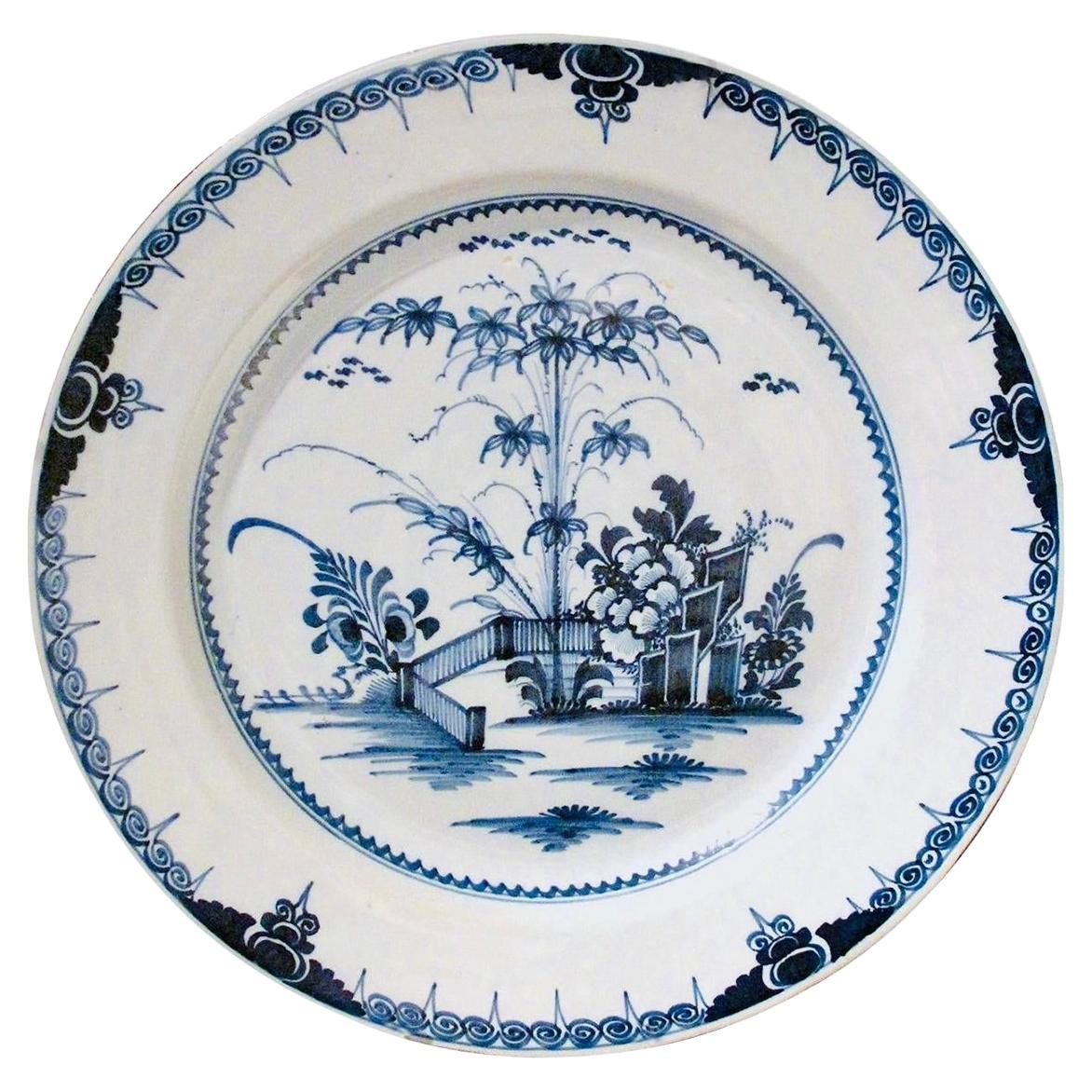 Large Lambeth 18th Century English Delft Charger For Sale