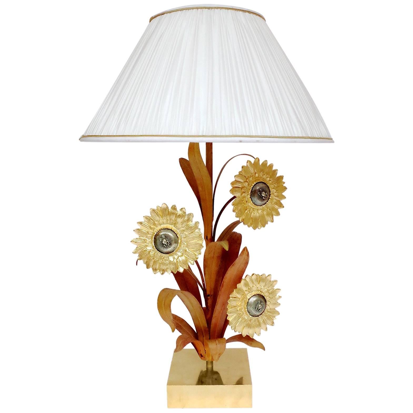 Large Lamp in Brass and Bronze with Sunflowers, 1970s