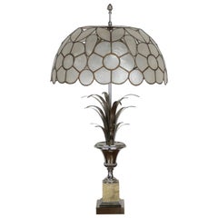 Vintage Large Lamp "Roseaux" in Chromed Metal, Onyx and Mother of Pearl Shade