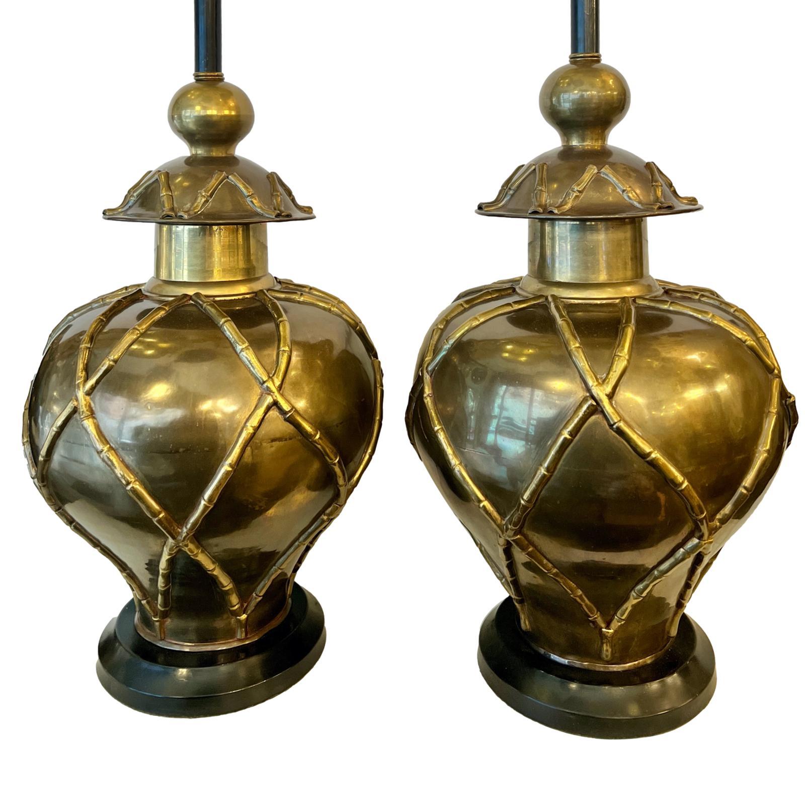 Mid-20th Century Pair of Large Bamboo Pattern Brass Table Lamps For Sale