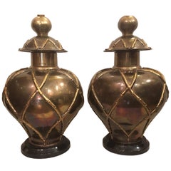 Pair of Large Bamboo Pattern Brass Table Lamps