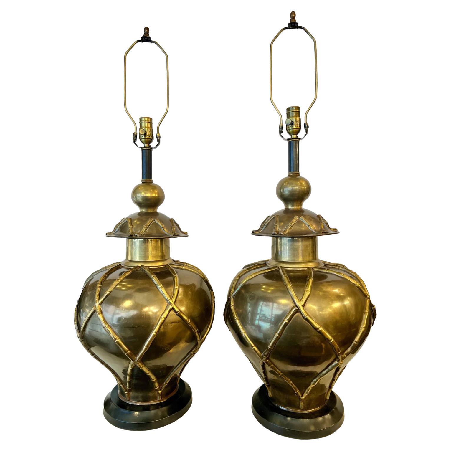Pair of Large Bamboo Pattern Brass Table Lamps