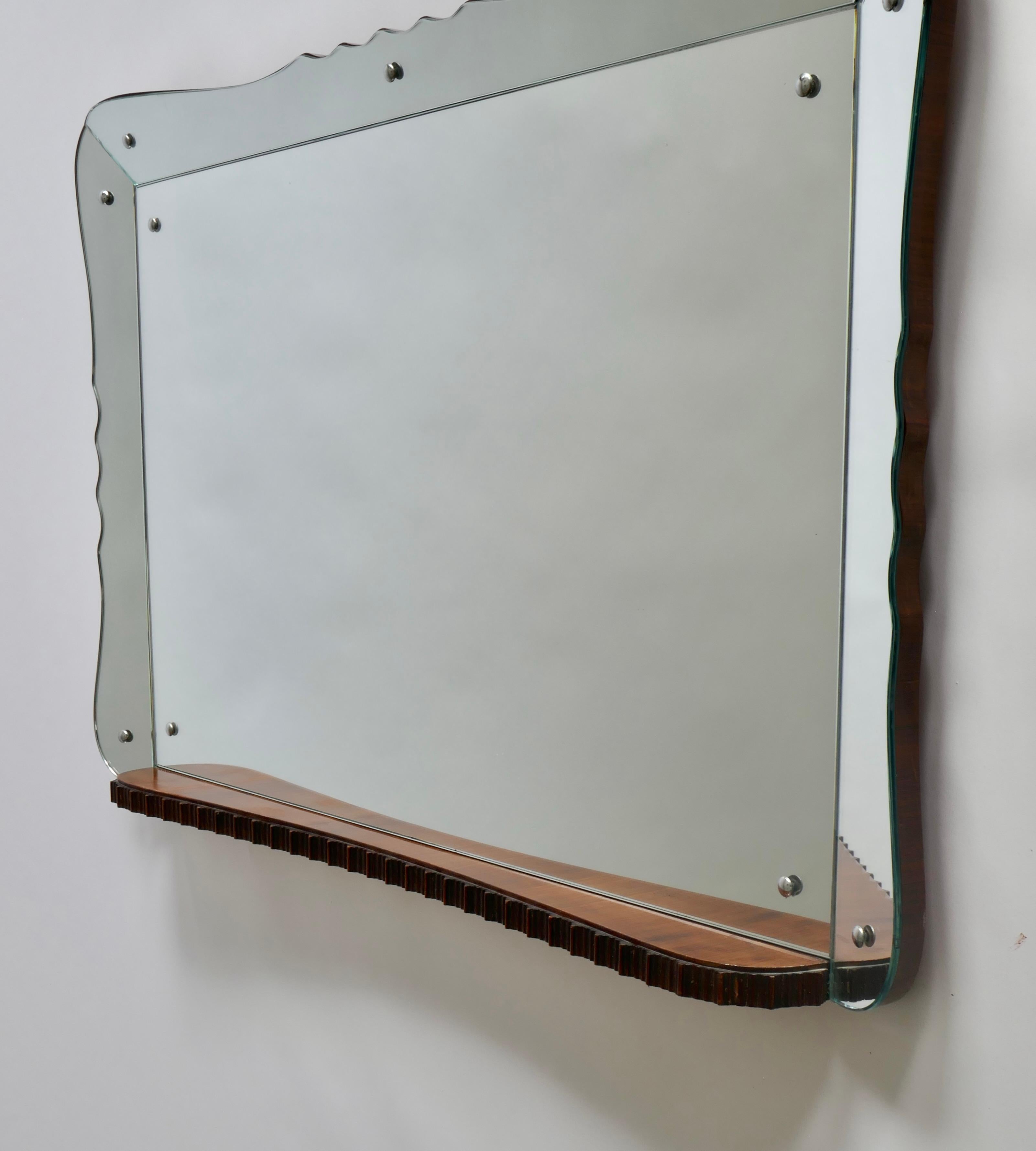 Art Deco Large Landscape Mirror with Angled Tray Mirror Frame and Wood Tablet, Italy 1940 For Sale